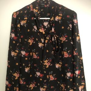 Womens floral long sleeve blouse with front scarf / tie feature
